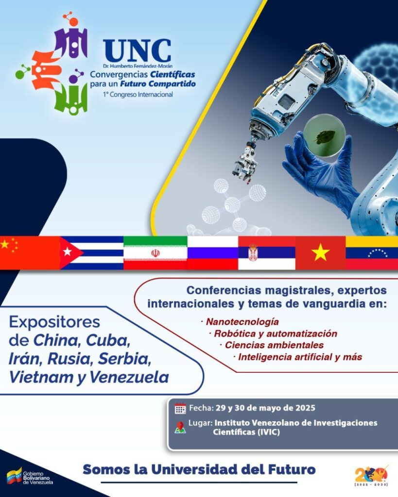 fiche promocional del 1er Congreso Internacional Convergencias Científicas en Venezuela, con expositores de siete países y temas de ciencia y tecnología.